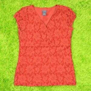 Ann Taylor Orange Floral Lace Short Sleeve Top, XS
